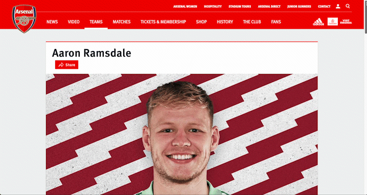 GIF showing Arsenal's sports website, scrolling down through a player profile page