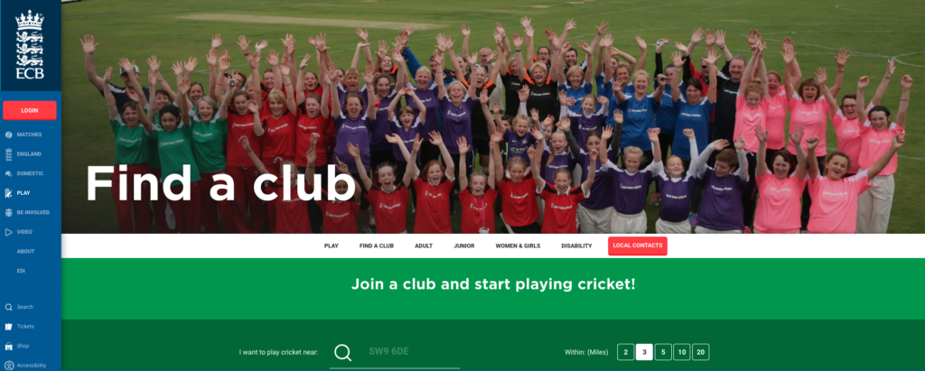 screenshot showing a cricket club finder on the England cricket sports website