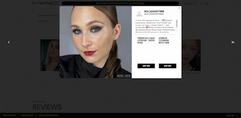 Screen capture showing how https://www.maccosmetics.co.uk/ uses social media to support product pages on their enterprise website