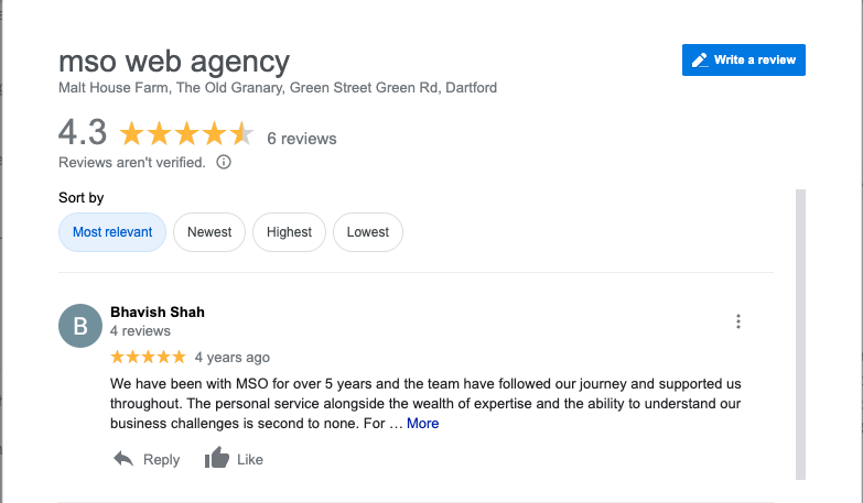 screenshot of mso's Google My Business Review profile showing how to achieve good website customer service