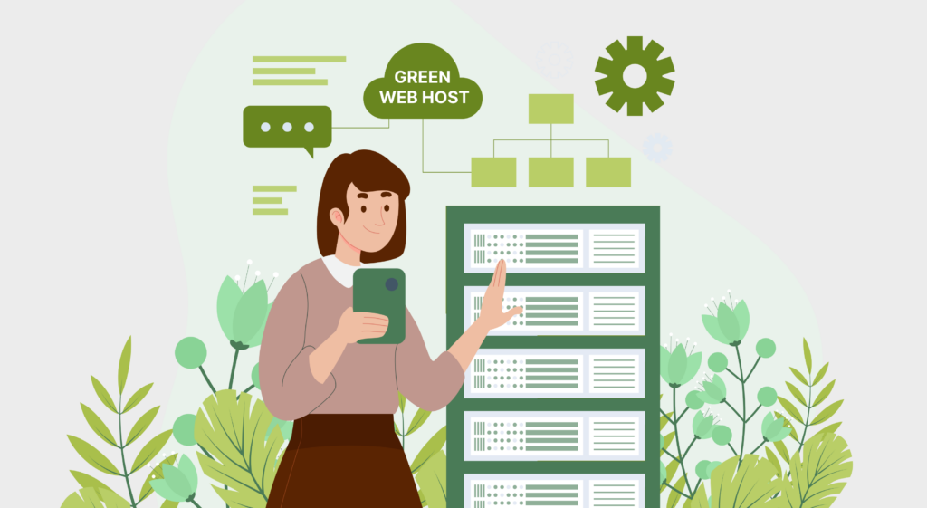 Graphic depicting someone looking at a list of green web hosts for optimum website sustainability