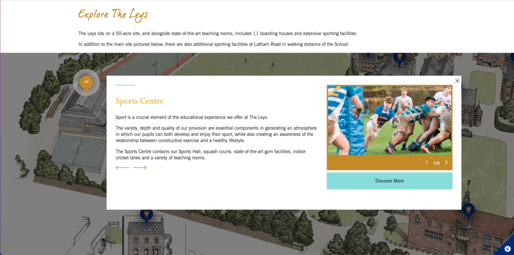 Screenshot of The Leys independent school website, specifically an illustrated interactive map element with the Sports Centre content expanded.