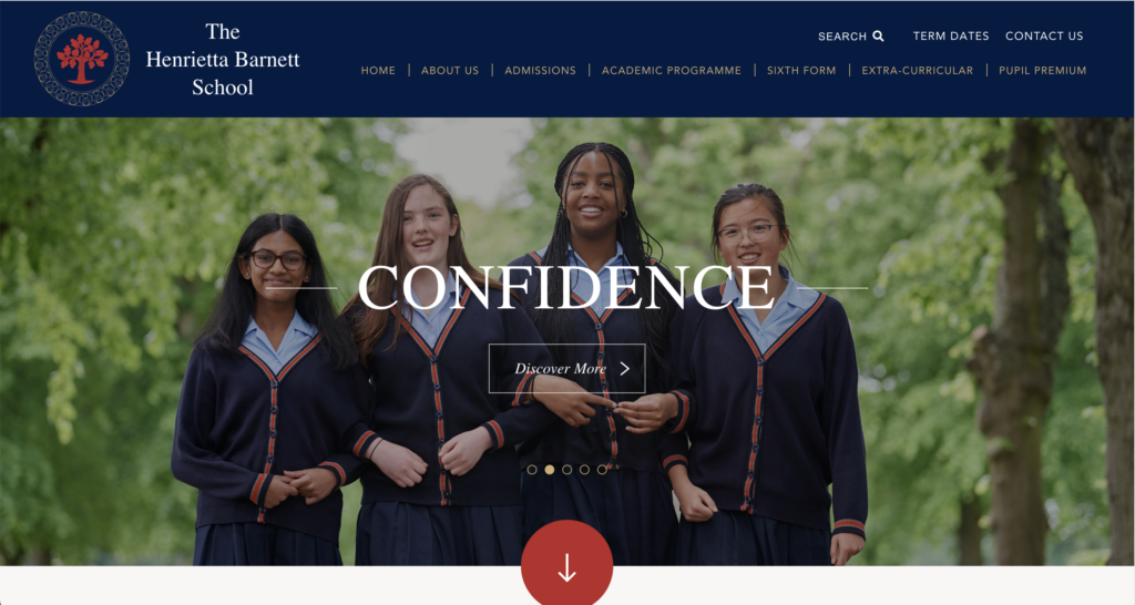 Screenshot of the Henrietta Barnett School website showing the traditional style of school website navigation in the horizontal bar
