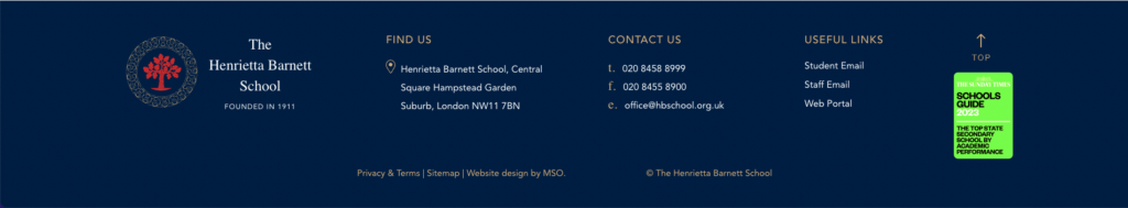 Screenshot showing the footer of the Henrietta Barnett School website that has links to other areas of the website.