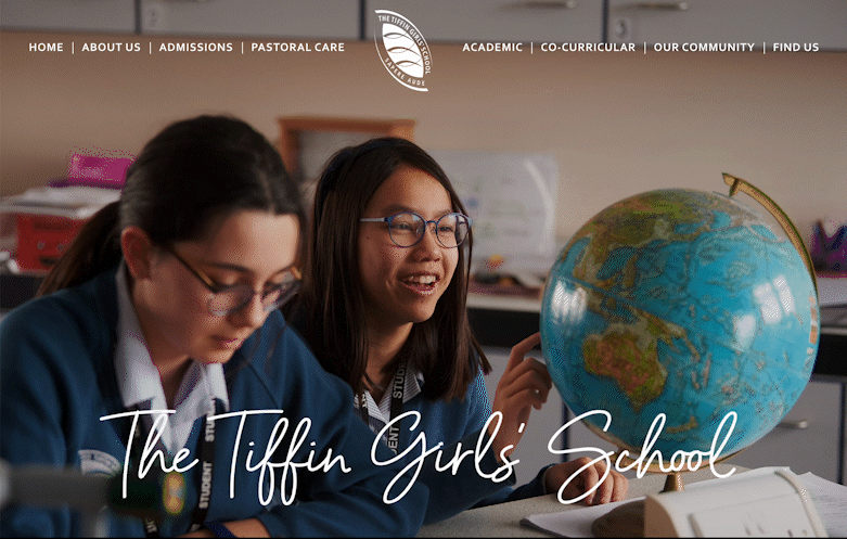gif showing the Tiffin Girls' School website, whereby the school website navigation changes from a horizontal bar to a burger style menu when device size is reduced.
