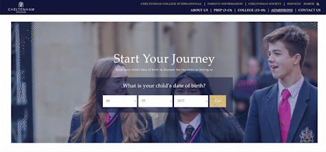 gif showing Cheltenham College's online admission calculator in practise, which shows how adding a data of birth returns content relevant to the admissions process for that age of student