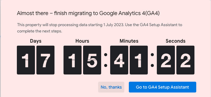 Image shows a prompt from Google Analytics to migrate to Google Analytics 4 with an animated countdown to 1st July