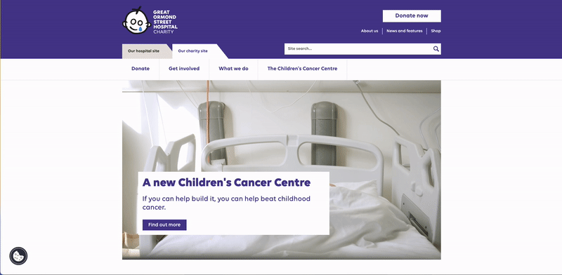 gif showing the GOSH charity website which features a short video of a child pulling down white bed covers on a hospital bed to reveal their smiling face.