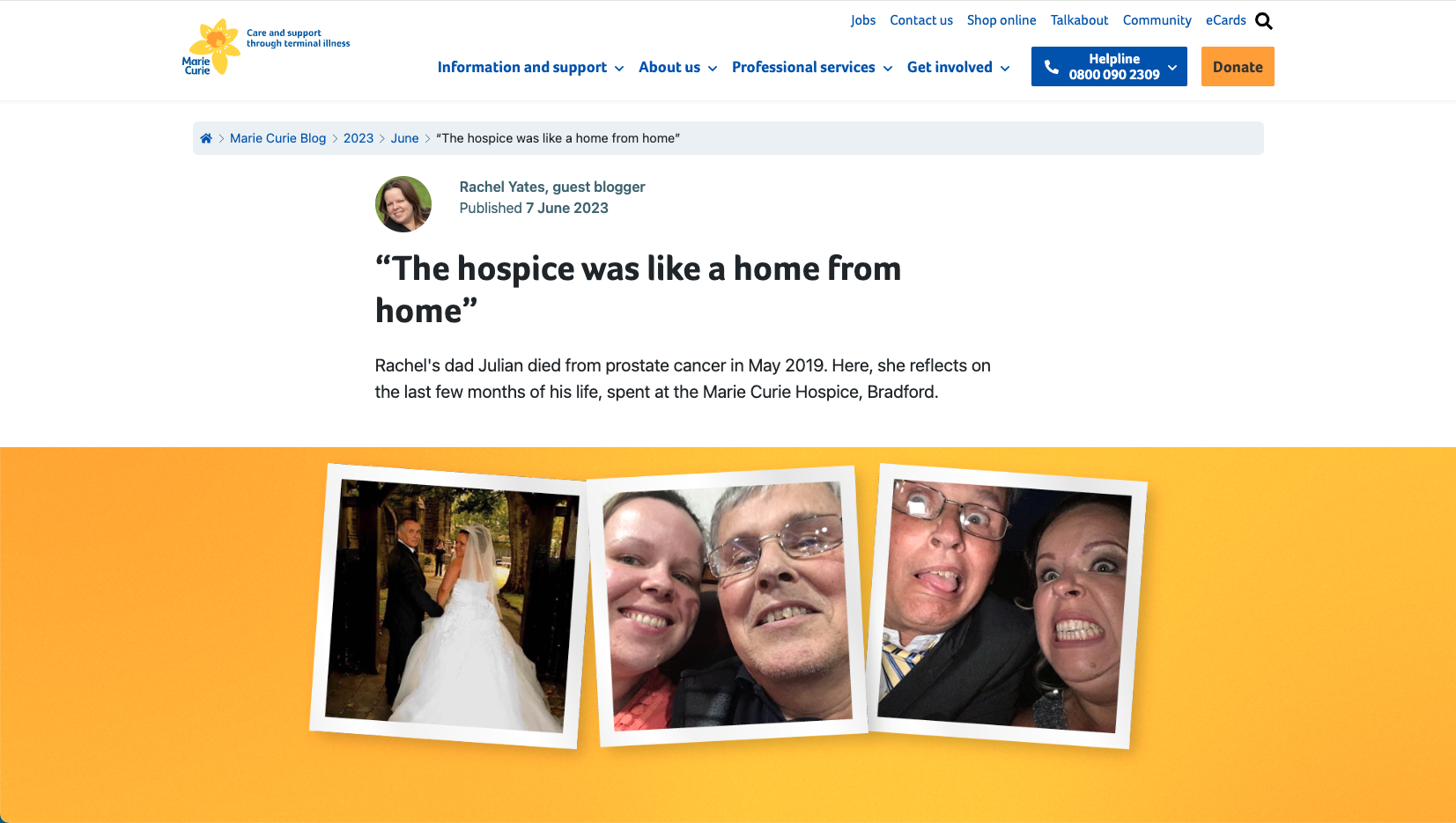 Screenshot from the Marie Curie charity website showing one of their guest blogs