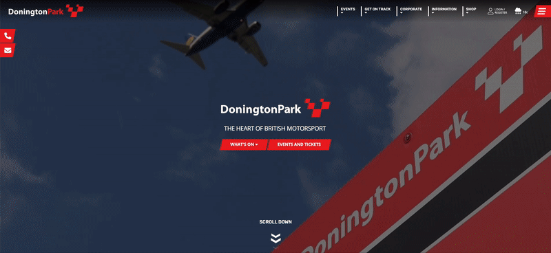 gif of the Donington Park circuit motorsport website which shows the hero video framed by Donington's strong branding.