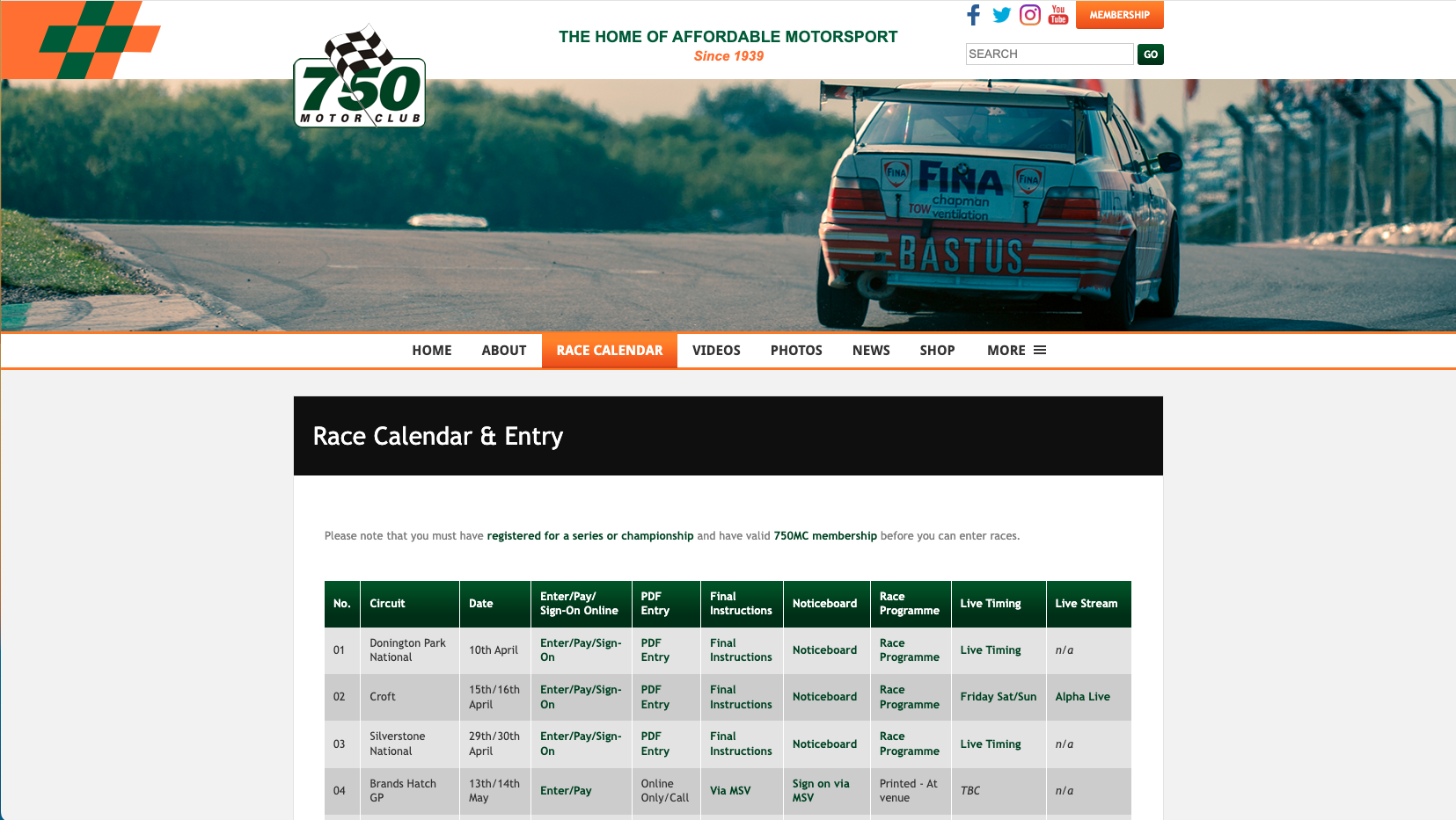 Screenshot of the 750 motorclub motorsport website showing a table / events calendar showing details of upcoming races and associated information.