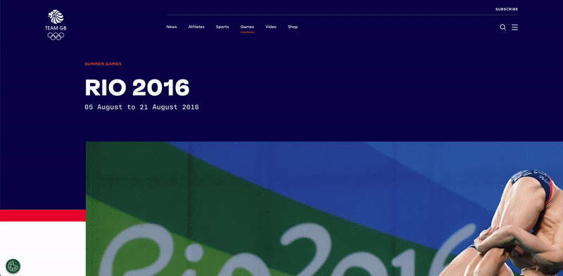 gif showing the Rio Olympics page on their sports website and the various elements such as infographics and stats it uses for more engaging content.