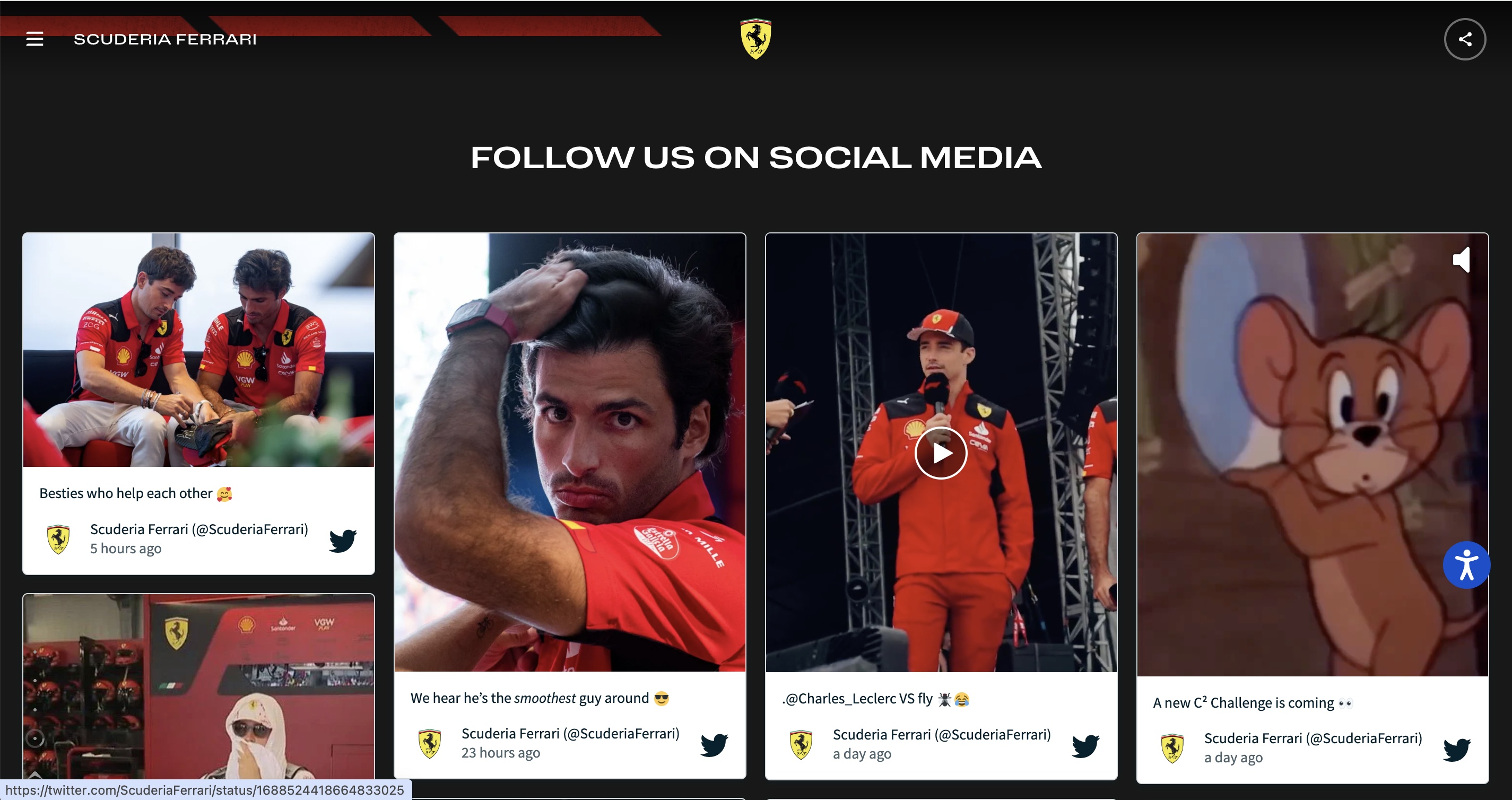 Screenshot of a social media feed on the Ferrari F1 website.