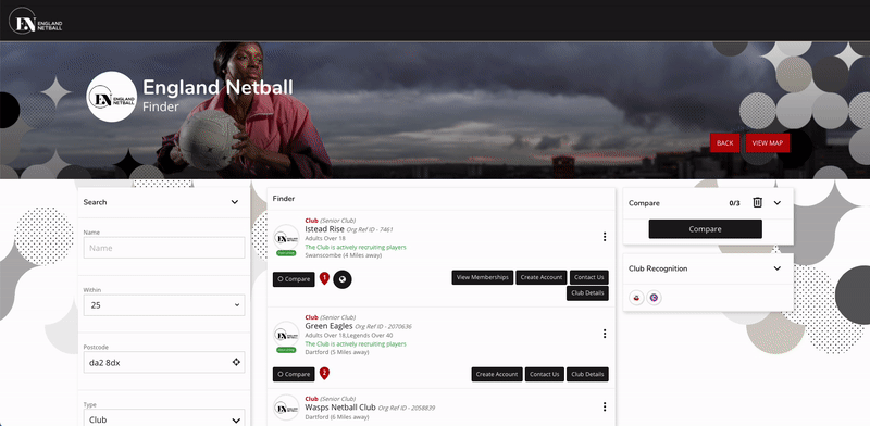 gif showing the England Netball sport website, specifically the NETBALL FINDER facility which allows users to find netball clubs in a specific location